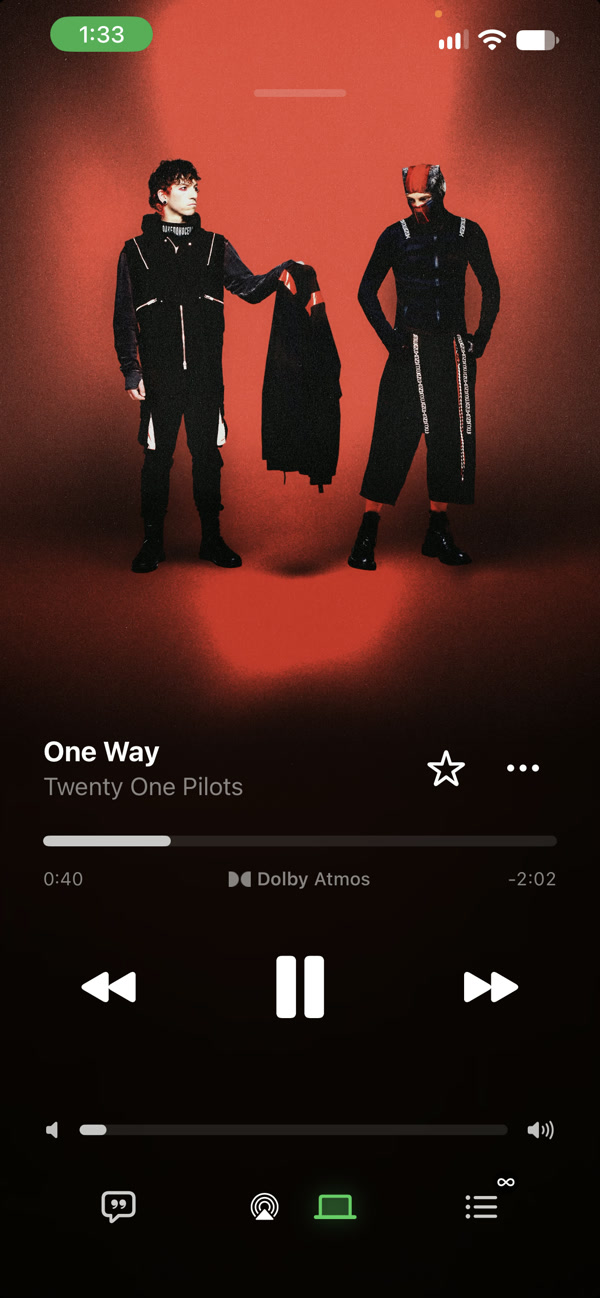 Sufle iPhone player showing One Way by Twenty One Pilots with the green Mac playback indicator