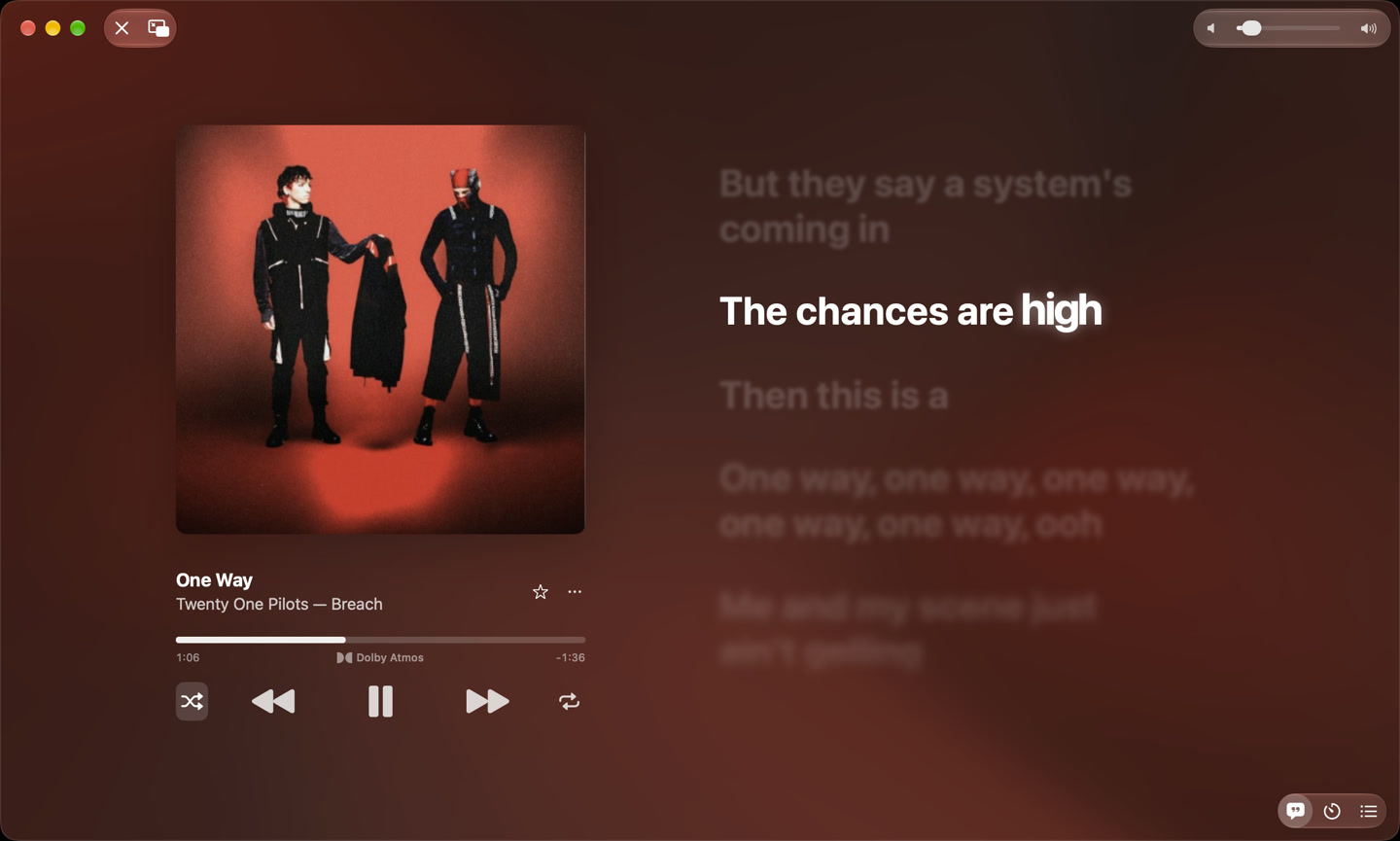 Sufle Mac player showing One Way by Twenty One Pilots with synchronized lyrics