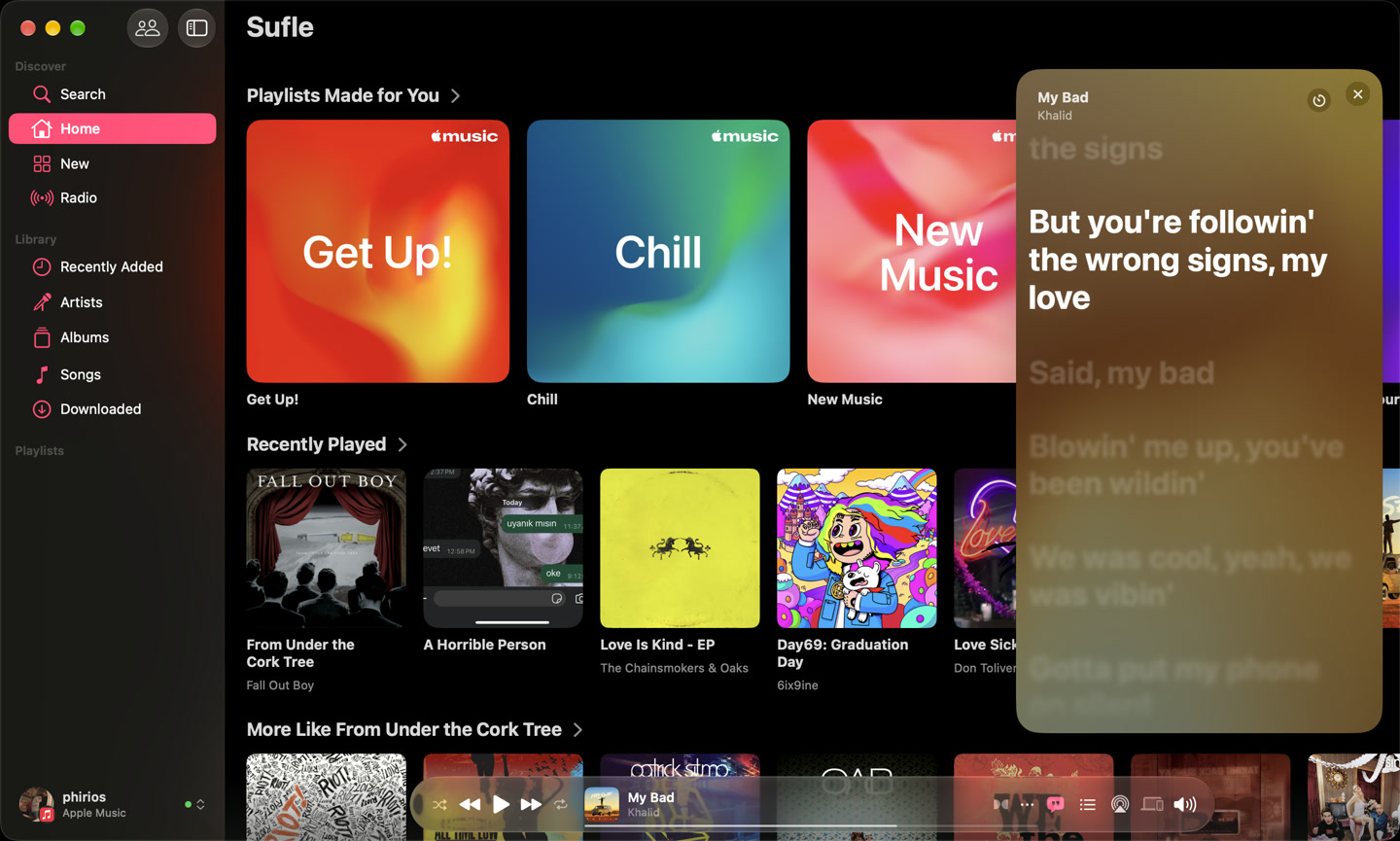 Sufle on Mac showing Home playlists and floating lyrics for My Bad by Khalid